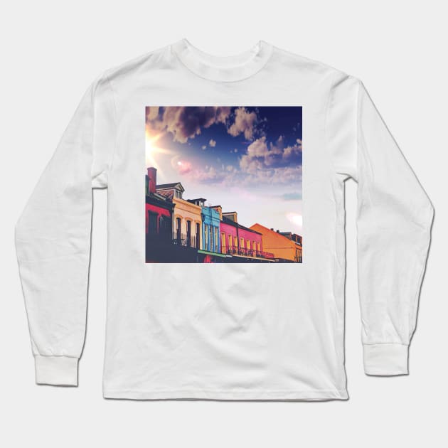 Sunny Cloudy Skies and Iconic Colorful Rainbow New Orleans French Quarter Nola Homes Yellow Light Blue Pink Orange Architecture Minimal Cityscape in Southern Louisiana Long Sleeve T-Shirt by Little Shop of Nola